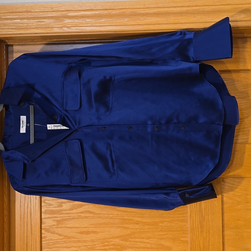 NWT Madewell Silk Flap-Pocket Button-Up Shirt $148 deep cobalt Blue medium - Picture 8 of 11
